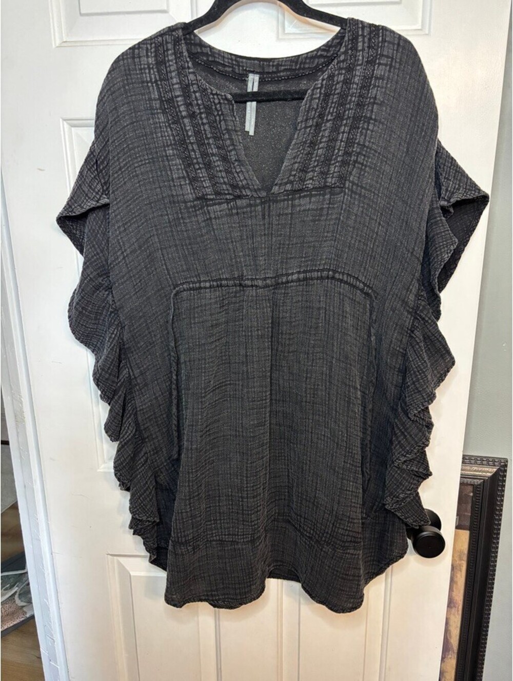 Anthropologie Charcoal Gauze Ruffle Oversized Boho Dress Size XS